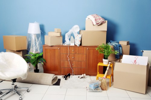 Office relocation with desks and equipment being moved